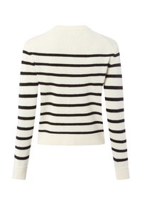 Crème-kleurige trui met lange mouwen en zwarte horizontale strepen, met geribbelde manchetten en zoom, weergegeven vanuit de achterkant op een witte achtergrond.