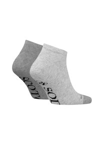 Graue und hellgraue Knöchelsocken mit weicher Textur. Mit schwarzem Logo auf der Seite bedruckt. Abgerundete Bündchen für einen engen Sitz.