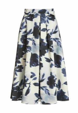 Weißer Midi-Rock mit dunkelblauem und schwarzem Blumenmuster sowie vorderen Falten.