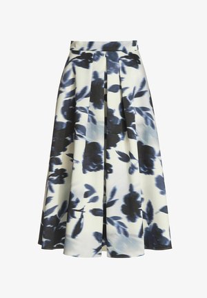 Weißer Midi-Rock mit dunkelblauem und schwarzem Blumenmuster sowie vorderen Falten.