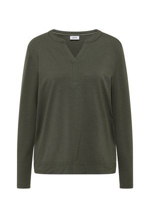 Donkergroen shirt met lange mouwen, een V-hals met inkeping en een klein voorpand met knooplijst, gemaakt van zachte, lichtgewicht stof.