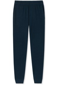 Mörkblå joggerbyxor i mjuk bomull, med elastisk midja, sidofickor och smalnade avslut. Slät textur, avslappnad design.