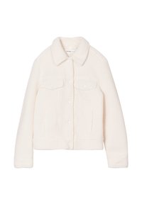 Veste blanche en peluche avec un col, deux poches poitrine à l'avant et une fermeture à boutons. Le tissu a une texture douce et un design court.