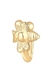 Boucles d'oreilles en forme de fleur en or, présentant des gravures détaillées de pétales et de feuilles, avec un design de créole lisse et arrondi.