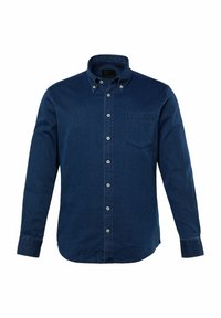 Camisa azul oscuro de botonadura hecha de una tela resistente. Presenta un collar, un bolsillo en el pecho y botones blancos. Mangas largas con puños abotonados.
