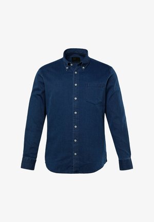 Granatowa koszula typu button-up wykonana z solidnego materiału. Posiada kołnierzyk, kieszeń na piersi i białe guziki. Długie rękawy z guzikami przy mankietach.