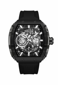 Zwarte horloge met een vierkante kast, transparante wijzerplaat en zilveren accenten. Voorzien van een rubberen band en meerdere subdials voor datum en tijd.