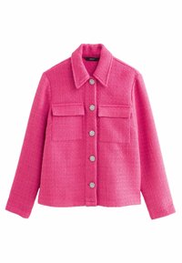 Veste texturée rose avec un col, deux poches poitrine et des boutons décoratifs. Fabriquée en tissu tissé, elle présente une silhouette carrée.
