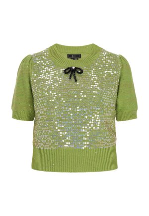 Grüner kurzärmeliger Pullover mit Pailletten, gestrickter Textur und schwarzer Schleifenakzent am Kragen. Mit Puffärmeln und geripptem Saum.