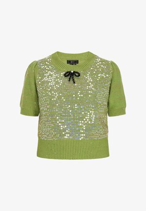 Zielony sweter z krótkim rękawem, ozdobiony cekinami, o plecionkowej fakturze oraz czarną kokardą przy dekolcie. Posiada bufiaste rękawy i prążkowany dół.