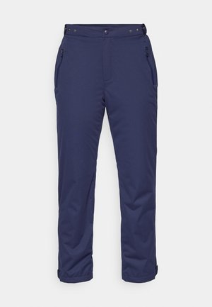 Navy blue insulated pants feature a zipper pocket, button closures, and a slightly tapered leg design, suitable for outdoor activities.