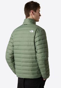 Giacca a vento verde con colletto alto, design trapuntato e logo sul retro. Texture liscia e silhouette aderente. Vista opposta mostrata.