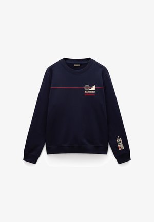 Felpa blu navy realizzata in misto cotone. Presenta un collo rotondo, maniche lunghe e stampe grafiche in bianco, oro e rosso sul petto.