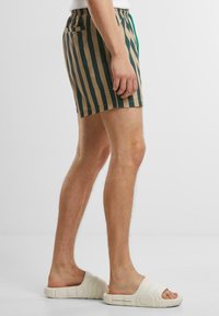 Gestreifte Badeshorts mit vertikalen grünen und beigen Linien, elastischem Bund, seitlicher Tasche und getragen mit hellen Schlappen.