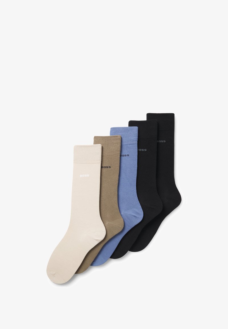 Vijf paar sokken tot aan de kuit in beige, bruin, blauw, zwart en antraciet, gemaakt van een glad, rekbaar materiaal met subtiele branding.