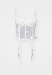 Λευκό κορσέ από δαντέλα και διάφανο polka-dot με σταθερές θήκες, ρυθμιζόμενες τιράντες και κλιπ γαμπρών. Λεπτές floral λεπτομέρειες στην κορυφή.