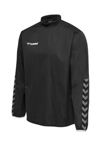 Black long-sleeve sports pullover with high collar, hummel logo on chest, and gray chevron stripes down sleeves.