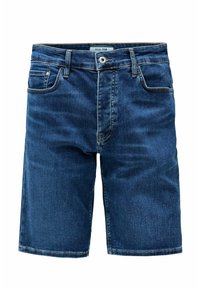 Pantalones cortos de mezclilla para hombre, azul oscuro, de tiro medio, con cinco bolsillos, cierre de botón, pierna recta, ligeros desgastes y detalles de costura.