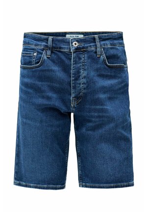 Pantalones cortos de mezclilla para hombre, azul oscuro, de tiro medio, con cinco bolsillos, cierre de botón, pierna recta, ligeros desgastes y detalles de costura.