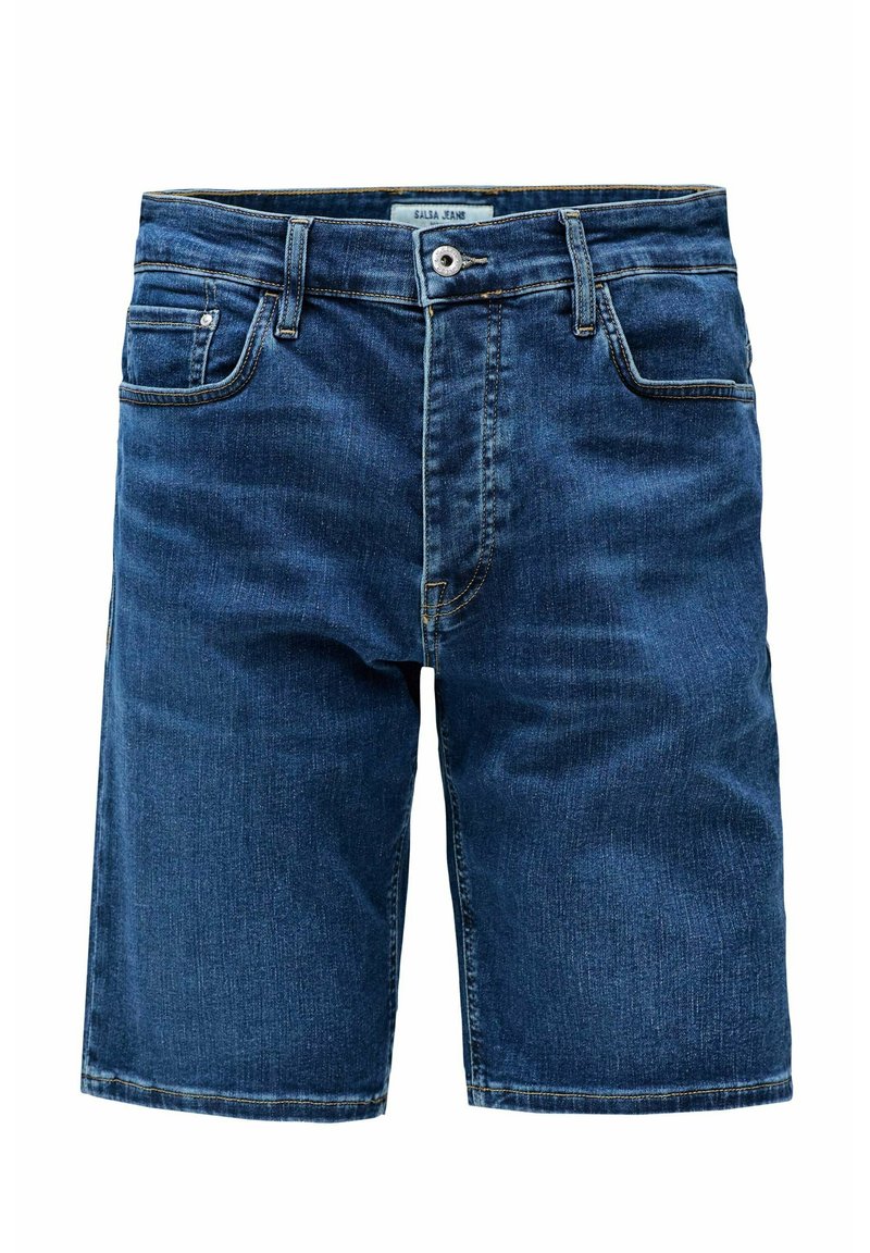 Pantalones cortos de mezclilla para hombre, azul oscuro, de tiro medio, con cinco bolsillos, cierre de botón, pierna recta, ligeros desgastes y detalles de costura.