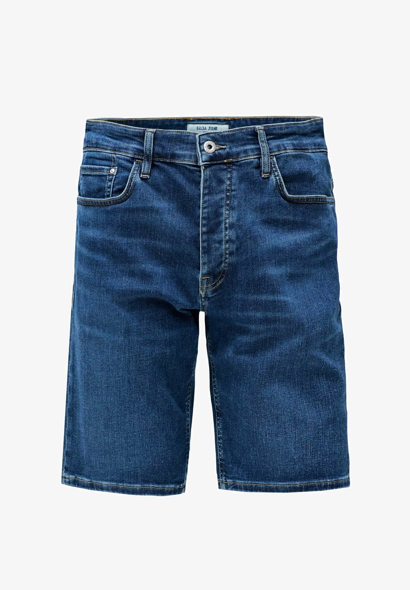 Pantalones cortos de mezclilla para hombre, azul oscuro, de tiro medio, con cinco bolsillos, cierre de botón, pierna recta, ligeros desgastes y detalles de costura.