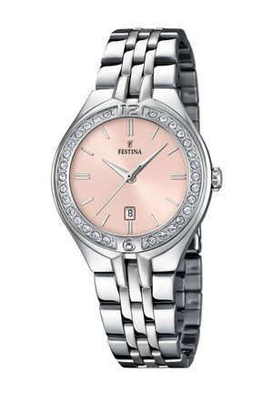 Srebrni Festina ručni sat s ružičastim brojčanikom, okruglim okvirom ukrašenim kristalima, srebrnim oznakama sati, prikazom datuma i metalnom narukvicom s povezima.