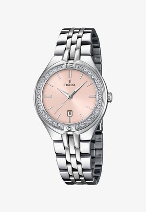 Reloj de pulsera Festina plateado con esfera rosa, bisel adornado con cristales, marcadores de hora plateados, indicador de fecha y brazalete metálico enlazado.