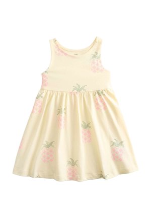 Kremfarvet ærmeløs kjole til småbørn med samlet talje og pink og grønne ananas mønster.