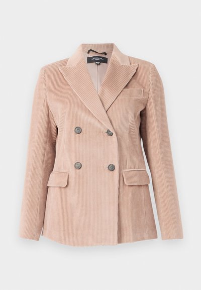 Beige corduroy kaksirivinen bleiseri, jossa on neljä tummanväristä nappia, kaksi etutaskua ja käärmehuulireunus.