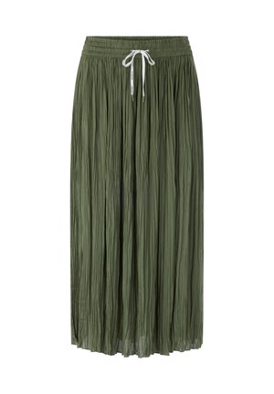 Long olive green pleated skirt with elastic waistband and white drawstring tie.