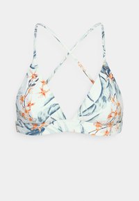 Top de bikini em triângulo com alças cruzadas, apresentando um padrão floral em laranja e azul sobre um fundo claro, feito de tecido suave.
