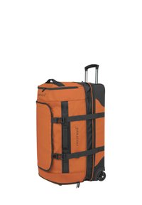 Rollender Reisetasche in Orange und Schwarz; aus robustem Material gefertigt, mit einem teleskopischen Griff, zwei Seitengurten und glatten Rollen für den Transport.