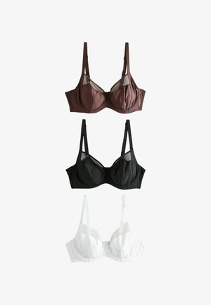 Drei Bügel-BHs in Braun, Schwarz und Weiß, jeweils mit verstellbaren Trägern und halbtransparenten oberen Cups, auf weißem Hintergrund präsentiert.