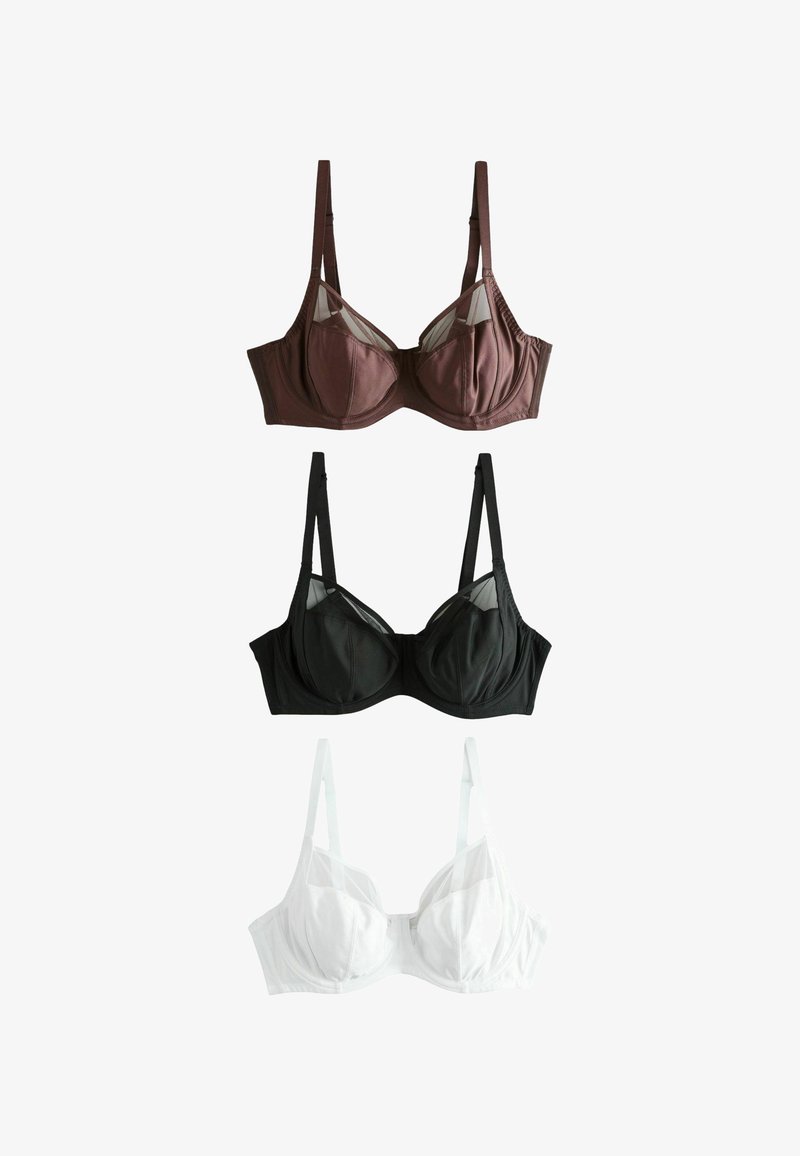 Három merevítős melltartó barna, fekete és fehér színben, mindegyik állítható pántokkal és félig áttetsző felső kosarakkal, fehér háttéren bemutatva.