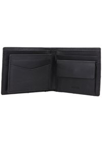 Portefeuille en cuir noir avec plusieurs emplacements pour cartes et une compartiment. Présente une texture lisse et des détails de couture, logo embossé à l'intérieur.