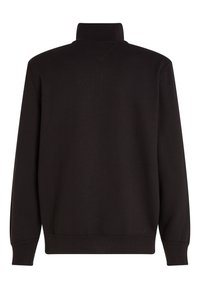 Sort langærmet sweatshirt med høj krave, ribstrikkede manchetter og kant, vist bagfra på hvid baggrund.