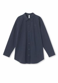 Navyblaues Langarmhemd mit spitzem Kragen, Knopfleiste und besticktem Logo auf der Brust; aus glattem Stoff gefertigt.