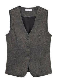 Grijze vest met een V-hals en zonder mouwen, voorzien van een gestructureerde stof, drie knopen aan de voorkant en een gladde binnenvoering.