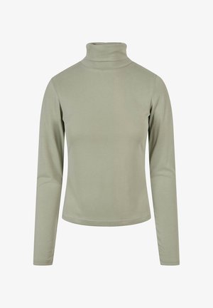 Haut à col roulé manches longues de couleur vert clair, confectionné dans un tissu doux et lisse avec une coupe ajustée et une finition sans coutures aux poignets et à l'ourlet.