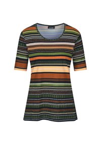 T-shirt à manches courtes rayé en orange, vert et bleu marine. Présente un col rond et une coupe décontractée. Fabriqué en tissu doux et texturé.