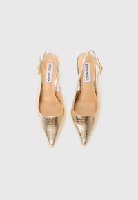 Une paire de ballerines slingback dorées métalliques à bout pointu avec un motif texturé et des brides à boucle, étiquetées Steve Madden.