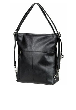 Sac à épaule en cuir noir texturé avec poignées doubles, poche zippée à l'avant et quincaillerie de sangle amovible sur fond blanc.