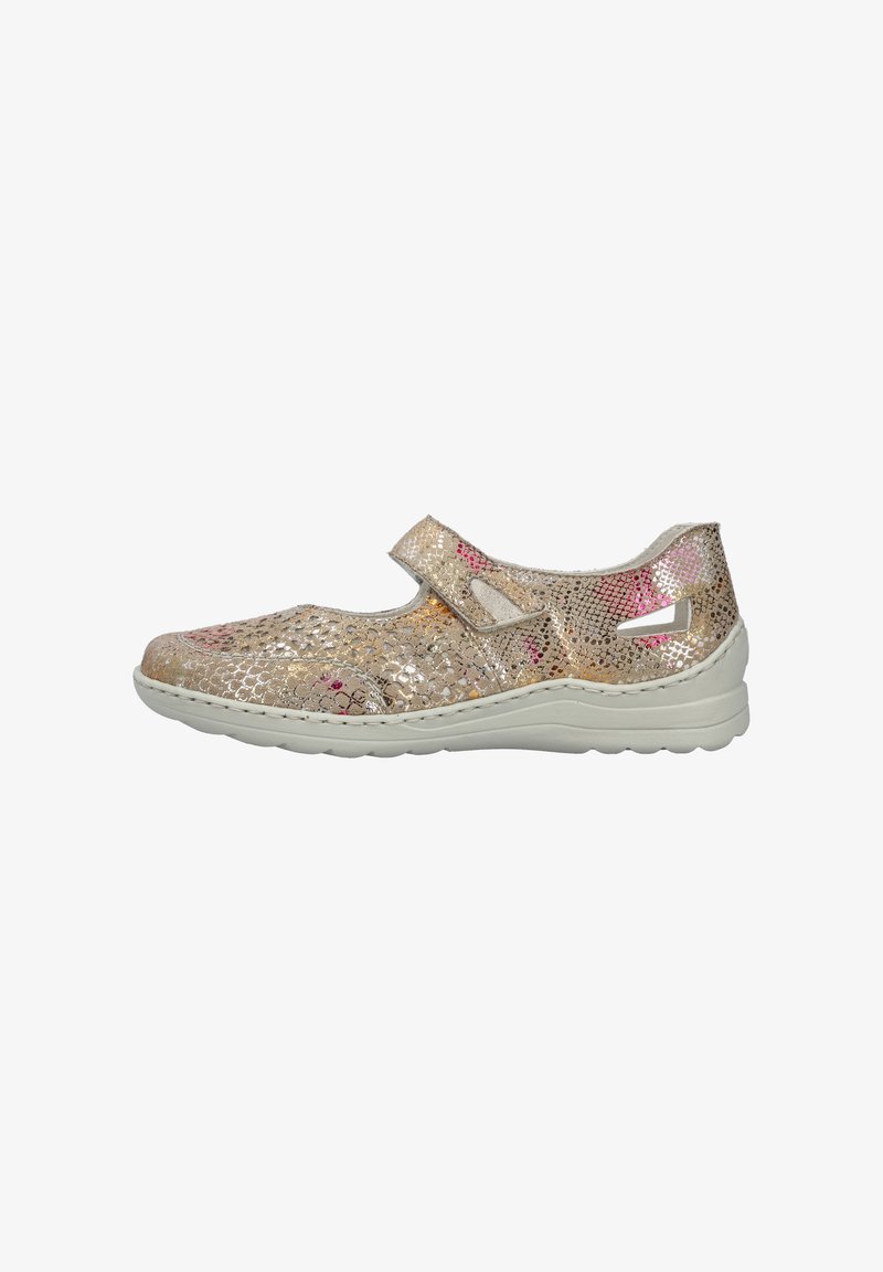 Mary Jane shoe in metallic gold with a snake print pattern, velcro strap, and a cushioned white sole, featuring cut-out accents on the sides.