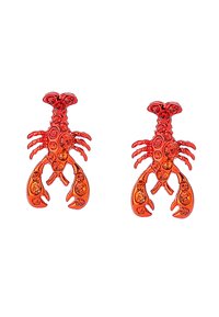 Red lobster-shaped earrings embellished with small orange crystals, featuring detailed claws and a glossy finish.