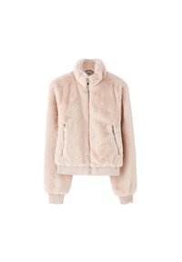 Faux fur bomberjakke i lyserød, med høj krave, lynlåslukning foran og ribbede manchetter og kant. To sidelommer med lynlås inkluderet.