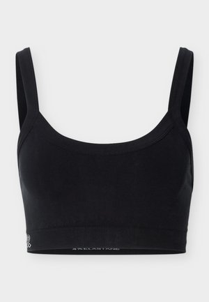 Fekete, egyszínű, crop top trikó széles pántokkal és kerekített nyakkivágással, rugalmas anyagból készült.