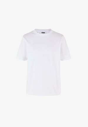 Balta kokvilnas T-kreklu ar apaļu kakla izgriezumu, īsām piedurknēm un brīvu piegriezumu. Nav redzamu rakstu vai akcentu. Gluda tekstūra.