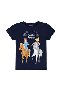 T-shirt navy in cotone con due personaggi dei cartoni animati a cavallo, uno marrone e uno bianco, con il testo "Insieme per sempre" sopra di loro.