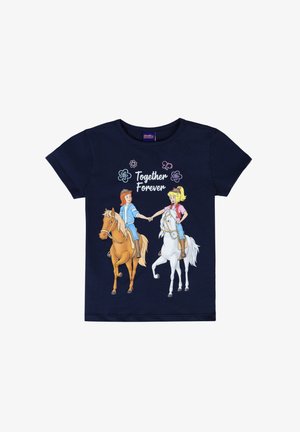 Navy cotton t-shirt featuring two cartoon characters on horseback, one brown and one white, with the text "Together Forever" above them.