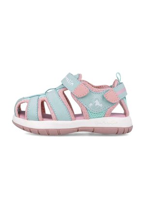 Las sandalias para niños en azul claro y rosa presentan un diseño abierto, correas ajustables, malla transpirable y una suela de goma resistente.